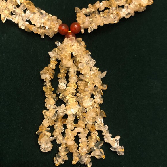 BRAZILIAN CITRINE CHIP, 8MM ROUND RED AGATE BEAD STERLING SILVER TASSEL NECKLACE - Picture 2 of 4